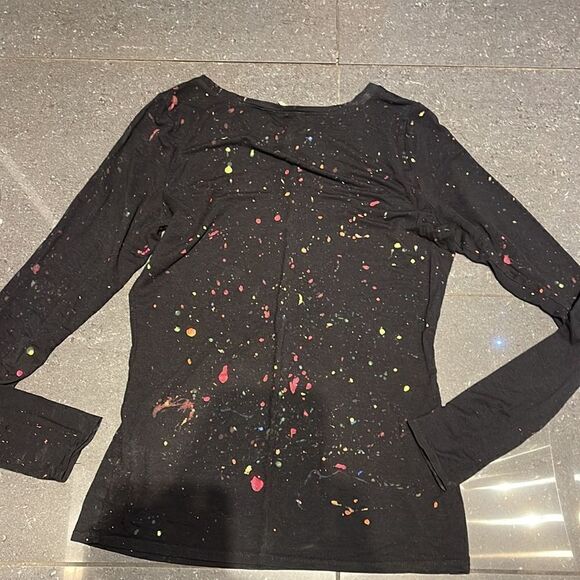 Upcycled Black xs RW&CO Neon Paint Splatter Longsleeve Tee - Picture 2 of 4